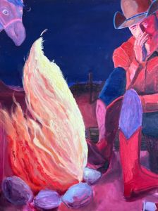 Painting titled And Then Man Created Fire depicting a cowboy seated by a campfire at night. He wears a wide-brimmed hat, red shirt, and boots, his face partly shadowed as he looks into the flames. The fire burns brightly in swirling yellows, oranges, and whites, surrounded by stones, casting warm light against the deep blue and purple night. A faint animal figure appears in the background.