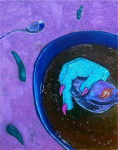 A surreal painting featuring a blue reptilian hand with magenta claws grasping a spoon inside a dark, glossy soup bowl. The liquid reflects light and bubbles, surrounded by a purple, glittery surface scattered with green chili-like shapes and a silver spoon near the top edge.