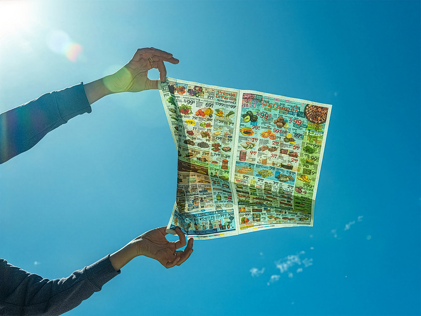A supermarket flyer held up against a blue sky