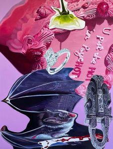 Painting titled U Put the Hot in Psychotic (2024). A surreal, hyperreal composition in pink, purple, and black tones features a bat, a diamond ring, a metal lock, dripping red liquid, and dessert-like swirls with raspberries. The words “U put the ho in psycho” appear in glossy pink icing against a backdrop of whipped textures.