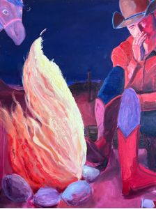 Painting titled And Then Man Created Fire depicting a cowboy seated by a campfire at night. He wears a wide-brimmed hat, red shirt, and boots, his face partly shadowed as he looks into the flames. The fire burns brightly in swirling yellows, oranges, and whites, surrounded by stones, casting warm light against the deep blue and purple night. A faint animal figure appears in the background.